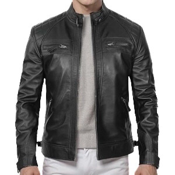 MJT-999 Men's Black Lambskin Leather Biker Jacket